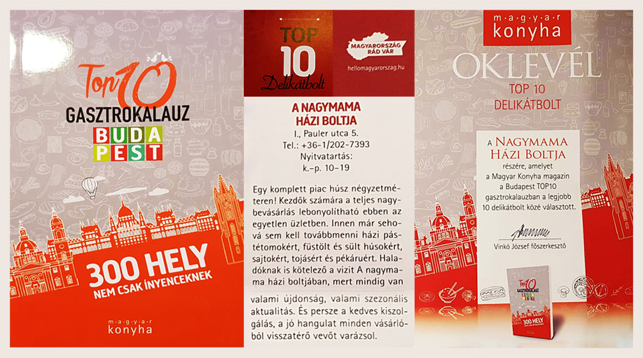 Magyar Konyha gasztronómiai magazin Top 10 Delikátbolt díj 2018, Top10 Delikátbolt könyv és cikk 2019