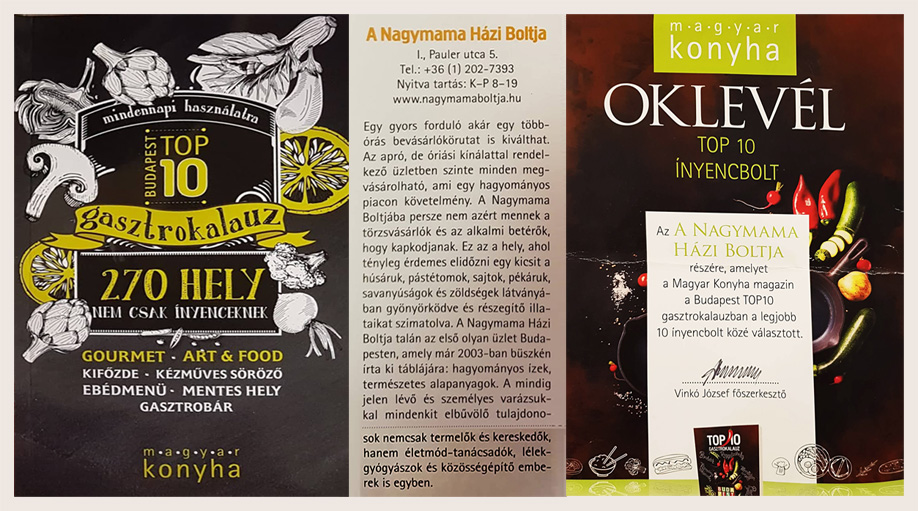 TOP10 BUDAPEST GASZTROKALAUZ 2018, Magyar Konyha gasztronómiai magazin Top 10 Delikátbolt cikk 2018, Magyar Konyha gasztronómiai magazin Top 10 Delikátbolt díj 2018